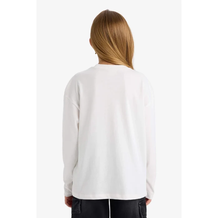 Defacto F7581A8ER105 Ekru Kız Çocuk Oversize Geniş Kalıp Bisiklet Yaka Baskılı Uzun Kollu Okul Tişörtü