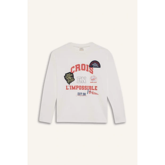 Defacto F7581A8ER105 Ekru Kız Çocuk Oversize Geniş Kalıp Bisiklet Yaka Baskılı Uzun Kollu Okul Tişörtü