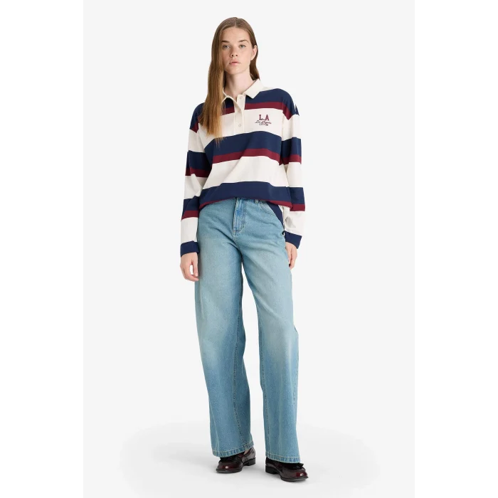 Defacto F7915AXWT32 Beyaz Oversize Geniş Kalıp Polo Yaka Çizgili Baskılı Sweatshirt