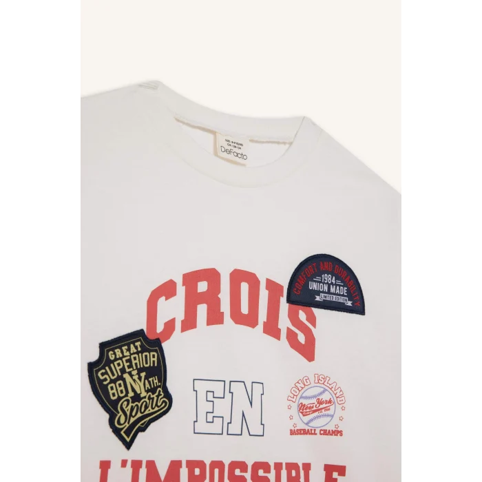 Defacto F7581A8ER105 Ekru Kız Çocuk Oversize Geniş Kalıp Bisiklet Yaka Baskılı Uzun Kollu Okul Tişörtü