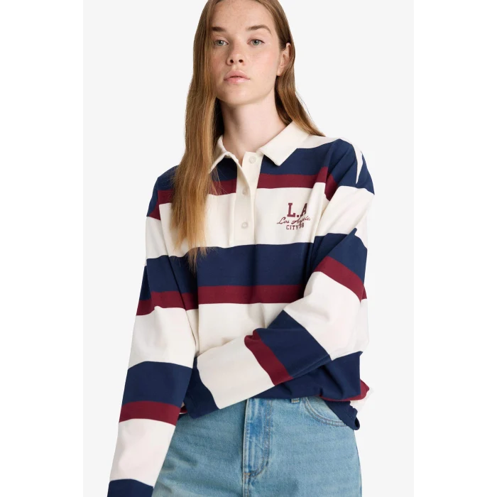 Defacto F7915AXWT32 Beyaz Oversize Geniş Kalıp Polo Yaka Çizgili Baskılı Sweatshirt