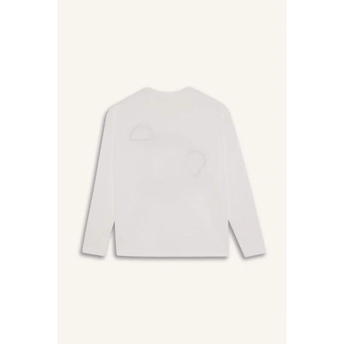 Defacto F7581A8ER105 Ekru Kız Çocuk Oversize Geniş Kalıp Bisiklet Yaka Baskılı Uzun Kollu Okul Tişörtü