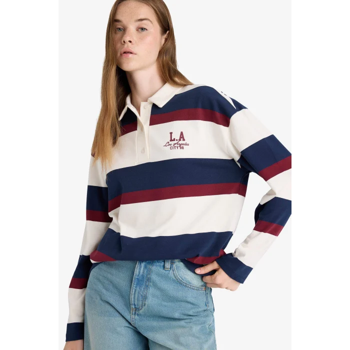 Defacto F7915AXWT32 Beyaz Oversize Geniş Kalıp Polo Yaka Çizgili Baskılı Sweatshirt