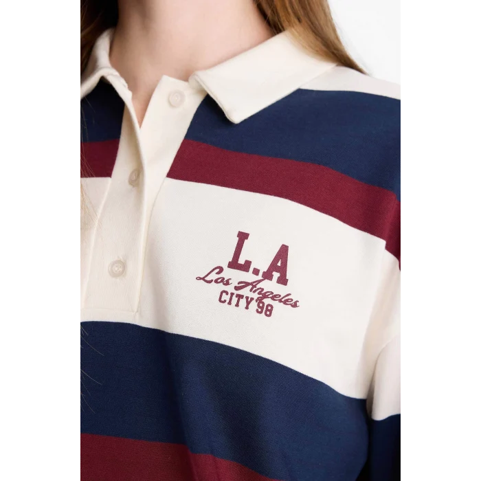 Defacto F7915AXWT32 Beyaz Oversize Geniş Kalıp Polo Yaka Çizgili Baskılı Sweatshirt