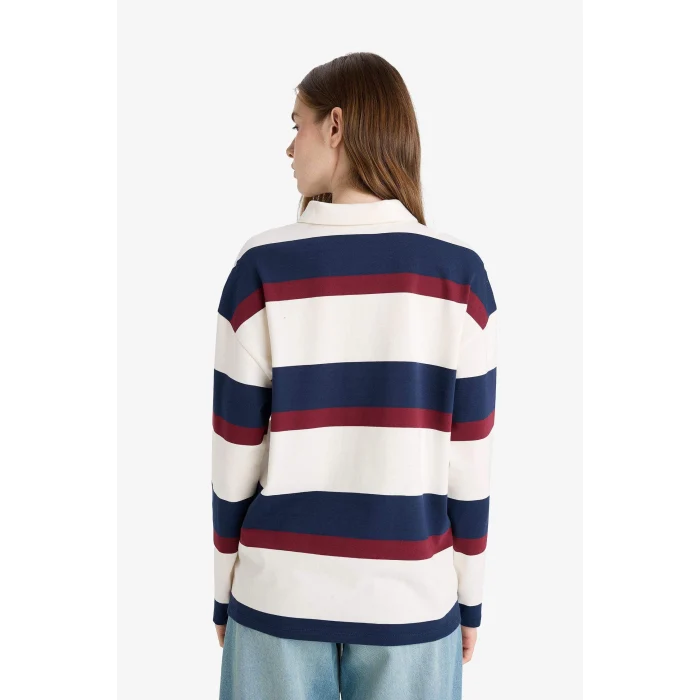 Defacto F7915AXWT32 Beyaz Oversize Geniş Kalıp Polo Yaka Çizgili Baskılı Sweatshirt