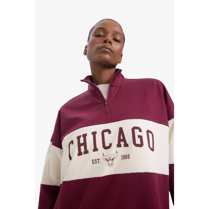 Defacto E8946AXBR170 Bordo DeFactoFit NBA Chicago Bulls Oversize Geniş Kalıp Yarım Fermuarlı Sporcu Sweatshirt