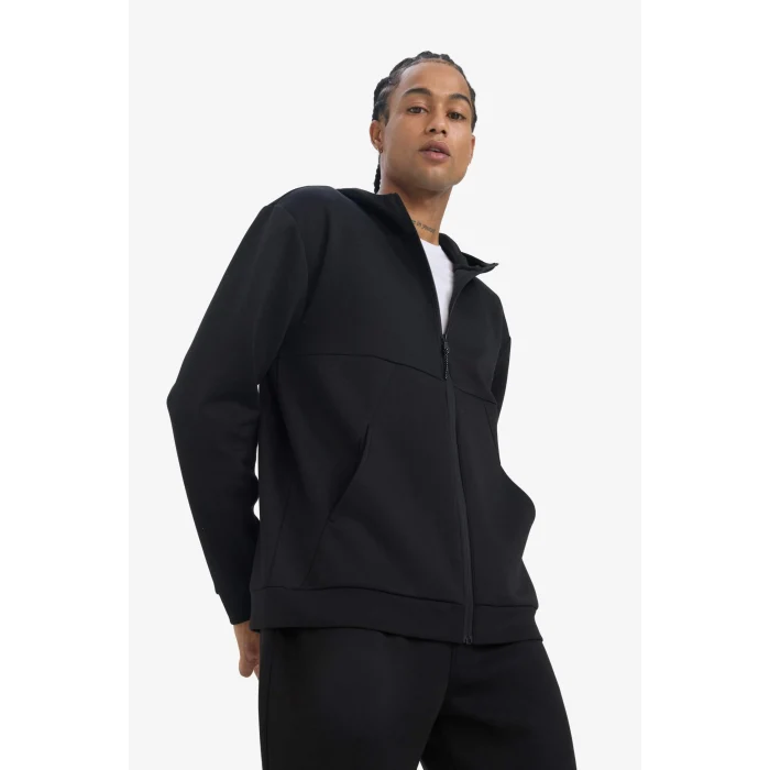 Defacto E9336AXBK81 Siyah DeFactoFit Standart Fit Kapüşonlu Skuba Dalgıç Kumaş Yumuşak Tuşe Fermuarlı Hırka