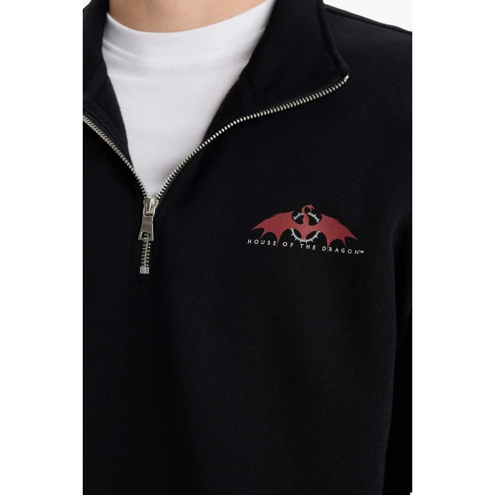 Defacto E9338AXBK81 Siyah House Of The Dragon Boxy Fit Dik Yaka Fermuarlı Sırt Baskılı Sweatshirt