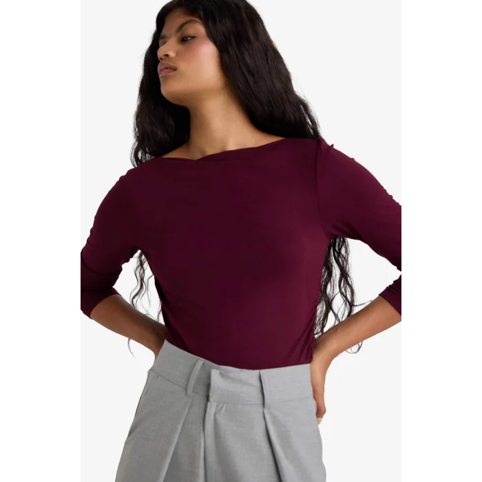 Defacto F9029AXBR210 Bordo Slim Fit Dar Kesim Kayık Yaka Uzun Kollu Tişört