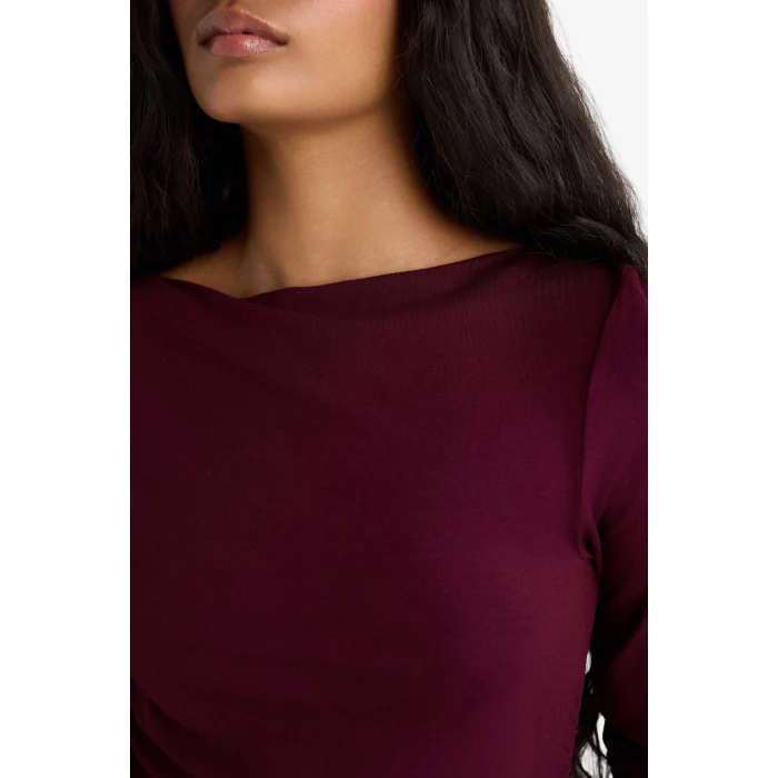Defacto F9029AXBR210 Bordo Slim Fit Dar Kesim Kayık Yaka Uzun Kollu Tişört