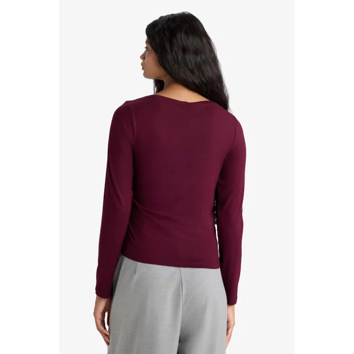 Defacto F9029AXBR210 Bordo Slim Fit Dar Kesim Kayık Yaka Uzun Kollu Tişört