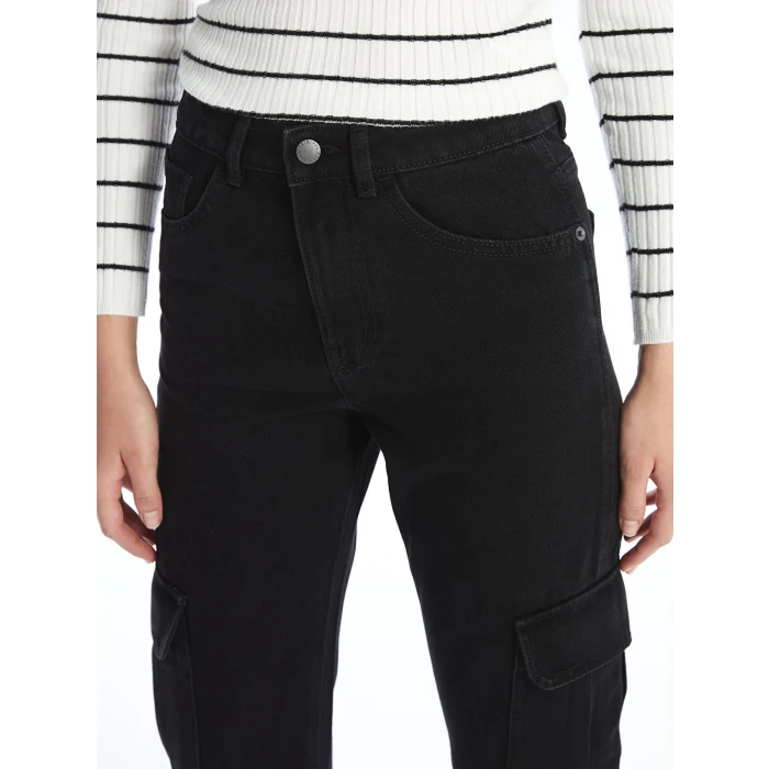 LCW Jeans Siyah Straight Fit Kadın Kargo Jean Pantolon