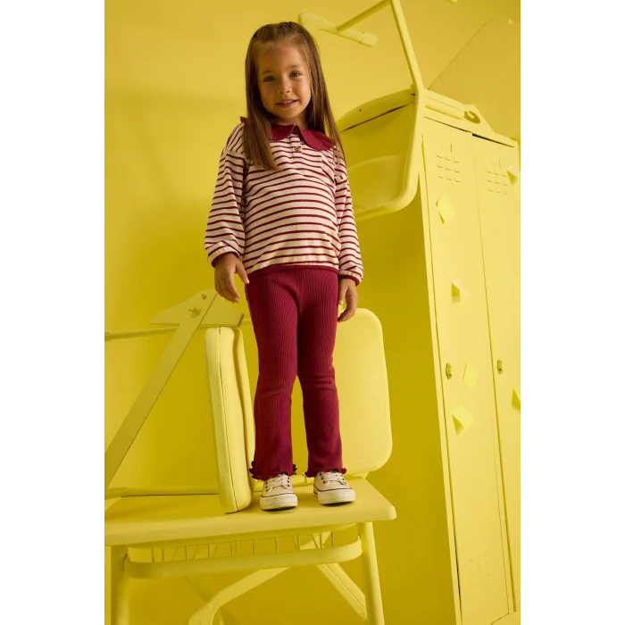 Defacto F3772A5BR285 Bordo Kız Bebek 2li Takım Okul Büyük Yaka Çizgili Uzun Kollu Tişört İspanyol Paça Tayt