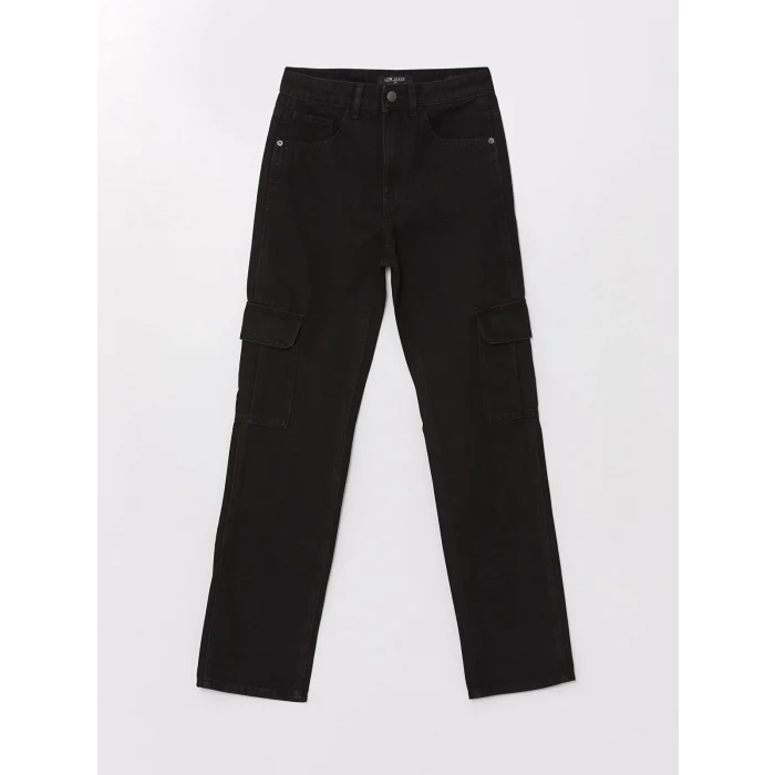 LCW Jeans Siyah Straight Fit Kadın Kargo Jean Pantolon