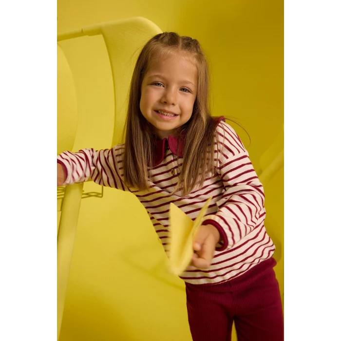 Defacto F3772A5BR285 Bordo Kız Bebek 2li Takım Okul Büyük Yaka Çizgili Uzun Kollu Tişört İspanyol Paça Tayt