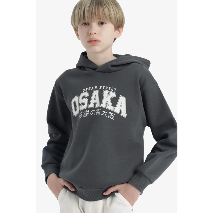 Defacto D4347A8AR58 Antrasit Erkek Çocuk Kapüşonlu İçi Yumuşak Tüylü Baskılı Sweatshirt