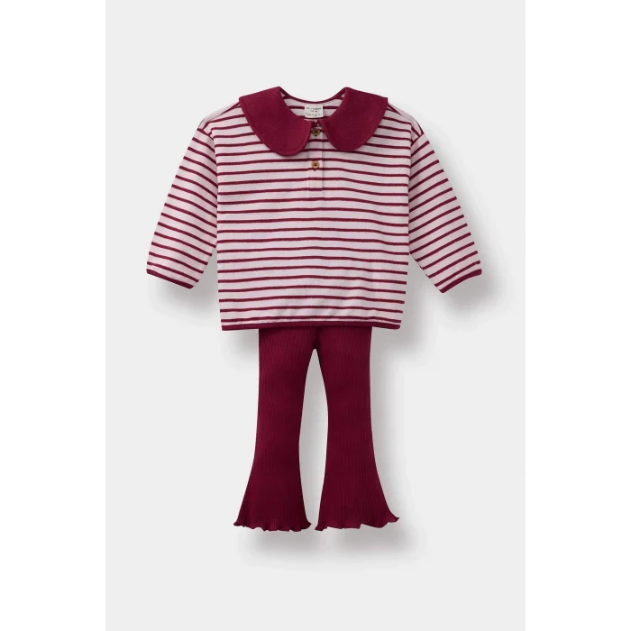 Defacto F3772A5BR285 Bordo Kız Bebek 2li Takım Okul Büyük Yaka Çizgili Uzun Kollu Tişört İspanyol Paça Tayt