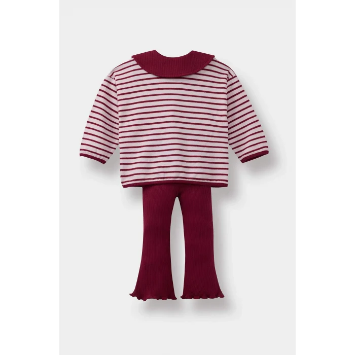 Defacto F3772A5BR285 Bordo Kız Bebek 2li Takım Okul Büyük Yaka Çizgili Uzun Kollu Tişört İspanyol Paça Tayt
