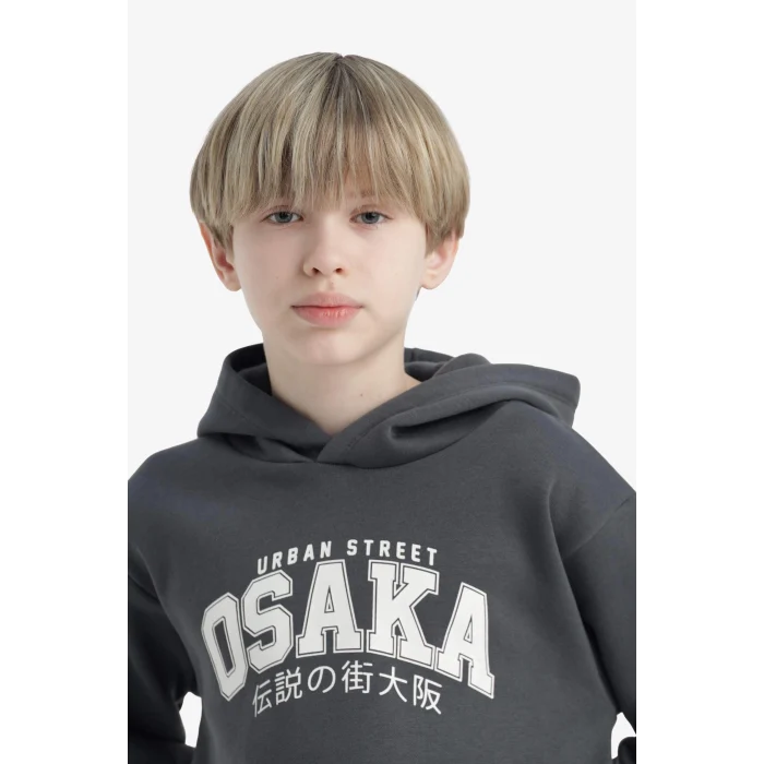 Defacto D4347A8AR58 Antrasit Erkek Çocuk Kapüşonlu İçi Yumuşak Tüylü Baskılı Sweatshirt