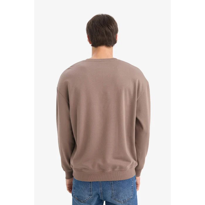 Defacto F0117AXBN571 Kahve %100 Pamuk Boxy Fit Bisiklet Yaka Nakışlı Sweatshirt