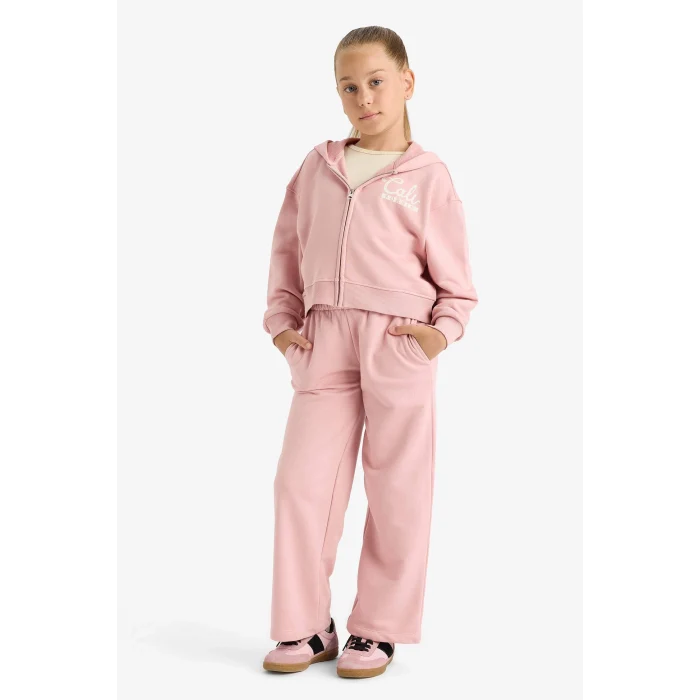 Defacto E6417A8BR138 Bordo Kız Çocuk 2li Takım Baskılı Kapüşonlu Fermuarlı Sweatshirt Eşofman Altı