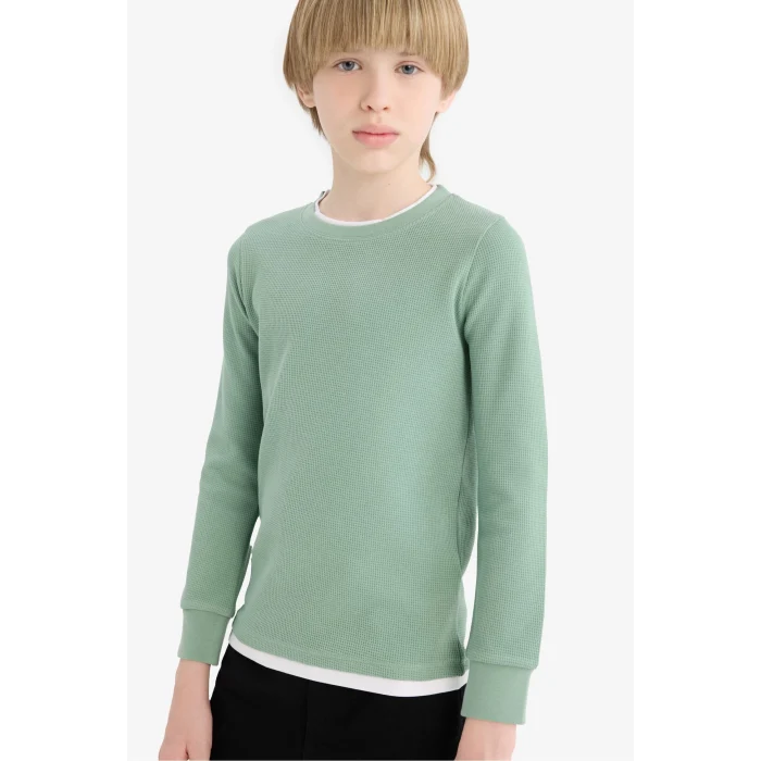 Defacto V1186A6GN1125 Yeşil Erkek Çocuk Bisiklet Yaka Basic Düz Waffle Uzun Kollu Okul Tişörtü