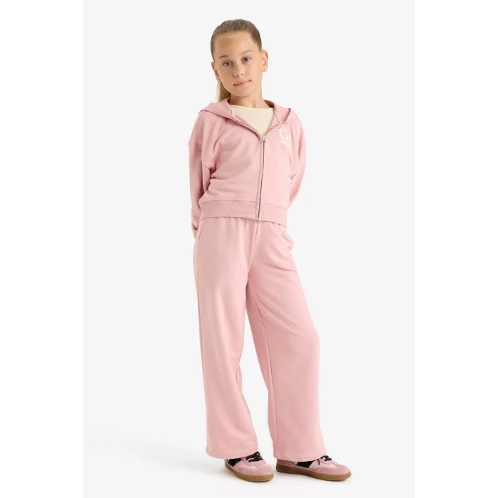 Defacto E6417A8BR138 Bordo Kız Çocuk 2li Takım Baskılı Kapüşonlu Fermuarlı Sweatshirt Eşofman Altı