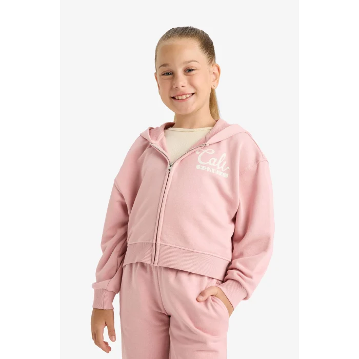 Defacto E6417A8BR138 Bordo Kız Çocuk 2li Takım Baskılı Kapüşonlu Fermuarlı Sweatshirt Eşofman Altı