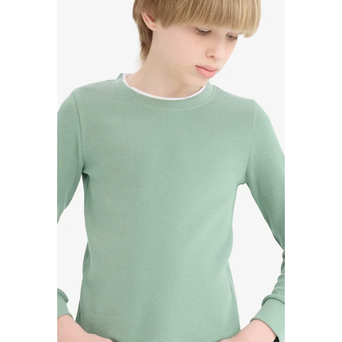 Defacto V1186A6GN1125 Yeşil Erkek Çocuk Bisiklet Yaka Basic Düz Waffle Uzun Kollu Okul Tişörtü