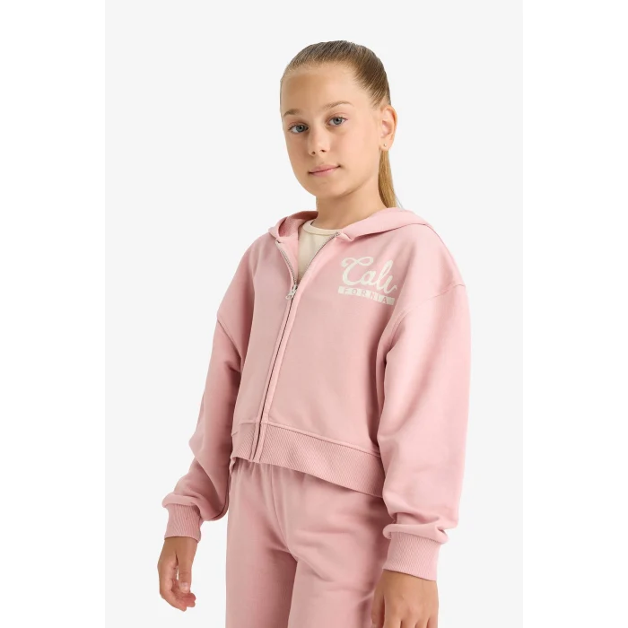 Defacto E6417A8BR138 Bordo Kız Çocuk 2li Takım Baskılı Kapüşonlu Fermuarlı Sweatshirt Eşofman Altı