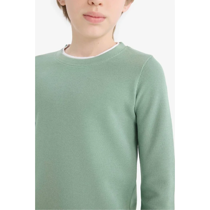 Defacto V1186A6GN1125 Yeşil Erkek Çocuk Bisiklet Yaka Basic Düz Waffle Uzun Kollu Okul Tişörtü