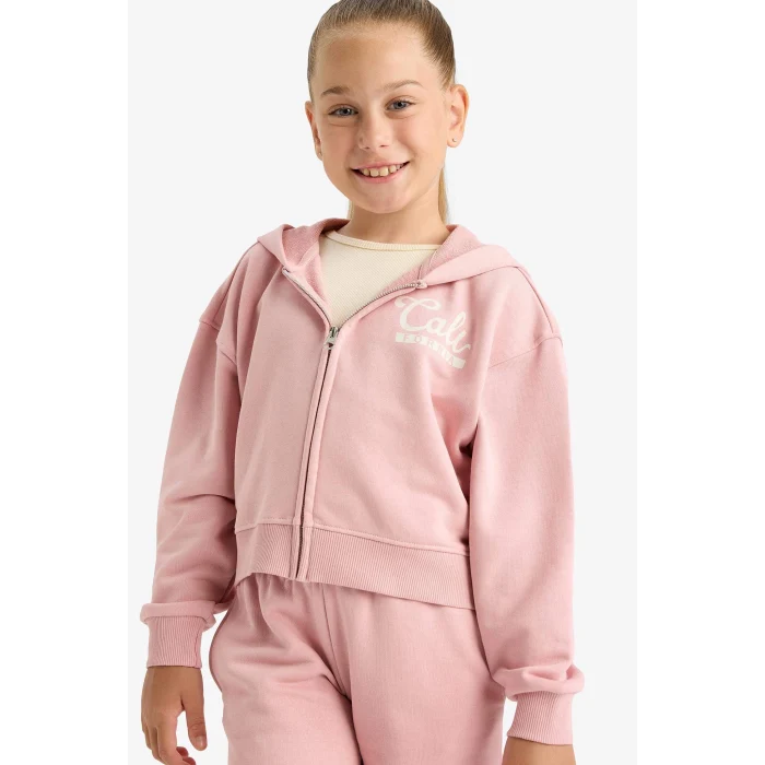 Defacto E6417A8BR138 Bordo Kız Çocuk 2li Takım Baskılı Kapüşonlu Fermuarlı Sweatshirt Eşofman Altı