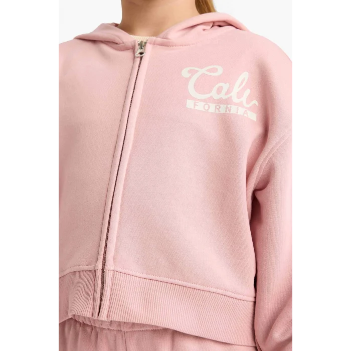Defacto E6417A8BR138 Bordo Kız Çocuk 2li Takım Baskılı Kapüşonlu Fermuarlı Sweatshirt Eşofman Altı
