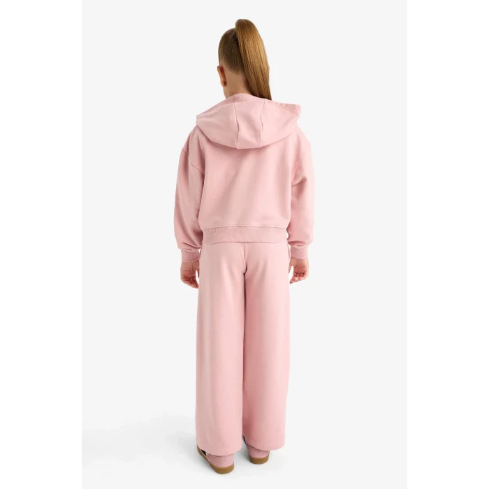 Defacto E6417A8BR138 Bordo Kız Çocuk 2li Takım Baskılı Kapüşonlu Fermuarlı Sweatshirt Eşofman Altı