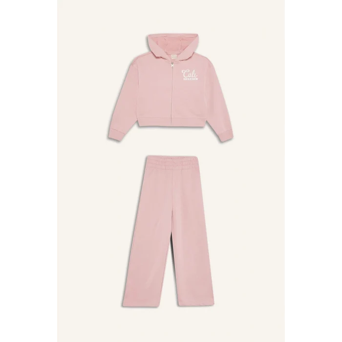 Defacto E6417A8BR138 Bordo Kız Çocuk 2li Takım Baskılı Kapüşonlu Fermuarlı Sweatshirt Eşofman Altı