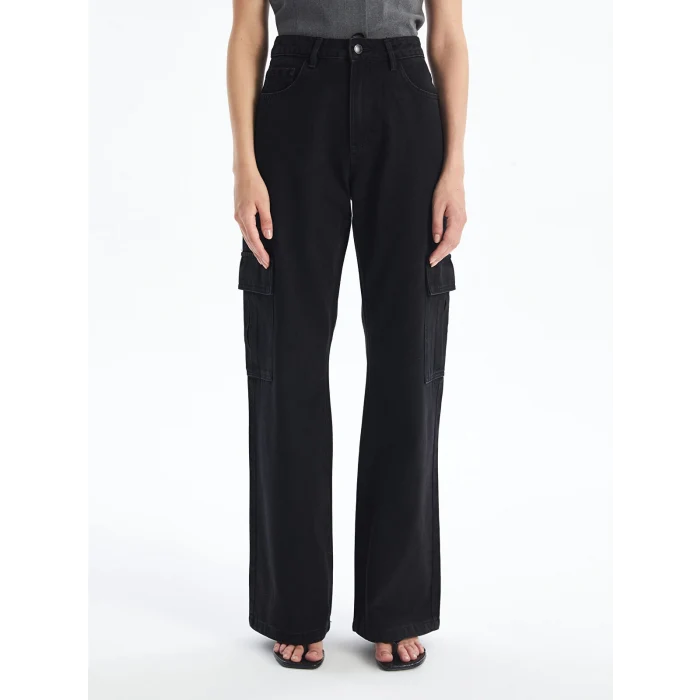 LCW Jeans Siyah Wideleg Kadın Kargo Jean Pantolon