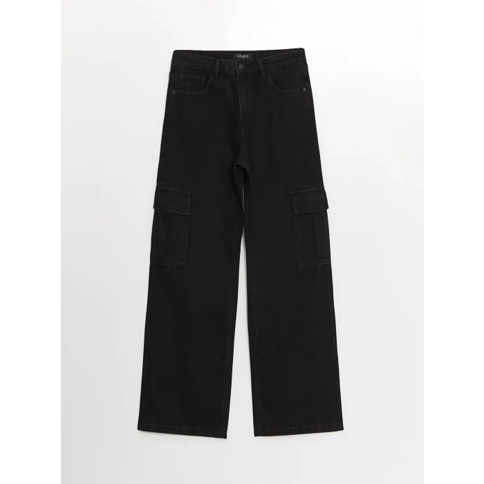 LCW Jeans Siyah Wideleg Kadın Kargo Jean Pantolon