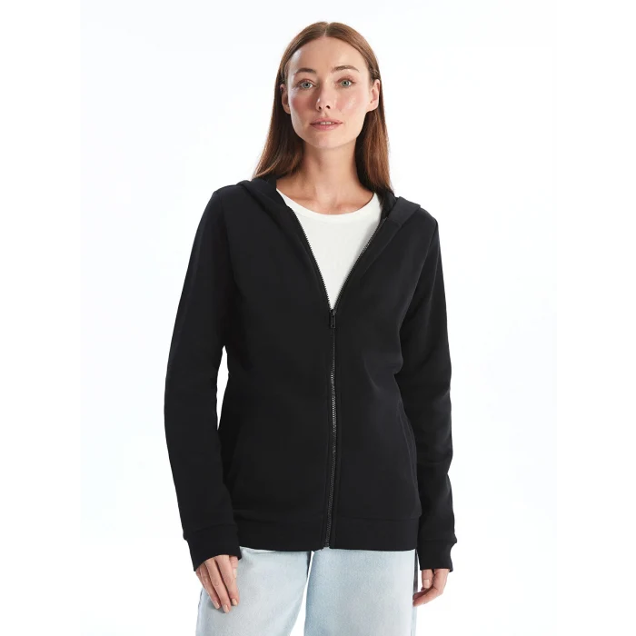 LCWAIKIKI Basic Siyah Kapüşonlu Kadın Kalın Fermuarlı Sweatshirt