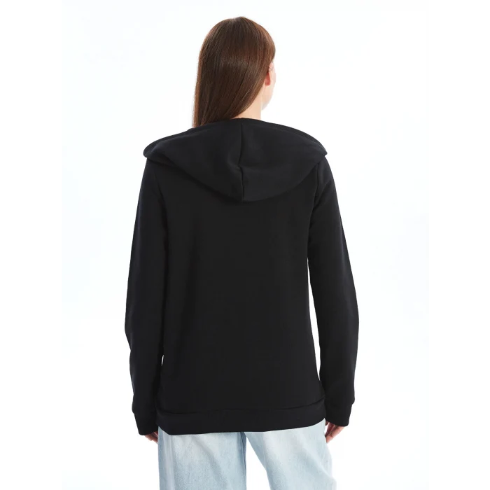 LCWAIKIKI Basic Siyah Kapüşonlu Kadın Kalın Fermuarlı Sweatshirt