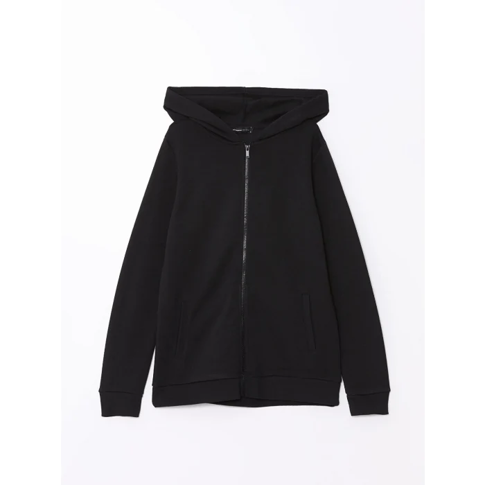 LCWAIKIKI Basic Siyah Kapüşonlu Kadın Kalın Fermuarlı Sweatshirt