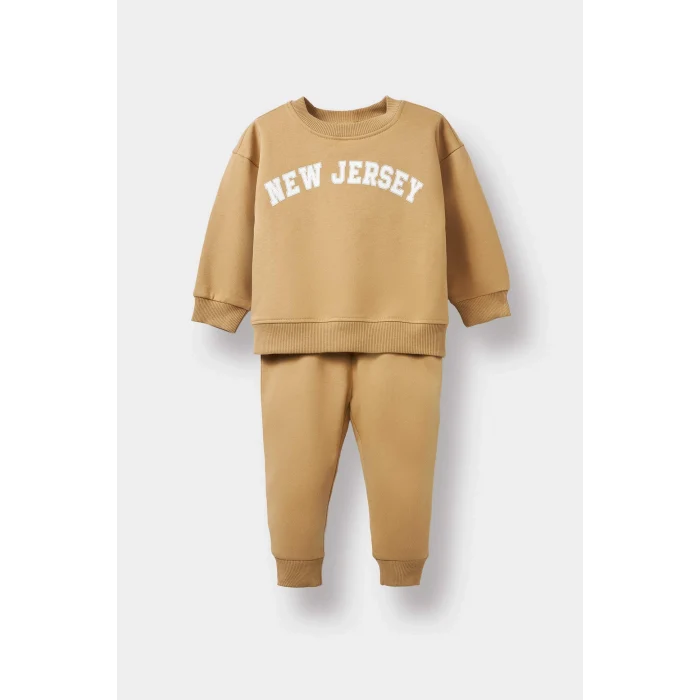 Defacto E8985A5BG109 Bej Erkek Bebek 2li Takım Baskılı Sweatshirt Eşofman Altı