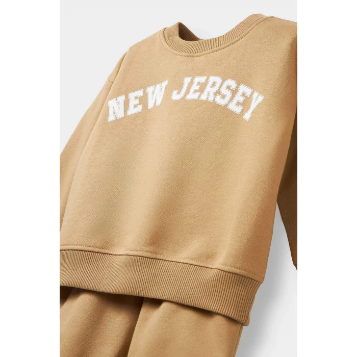 Defacto E8985A5BG109 Bej Erkek Bebek 2li Takım Baskılı Sweatshirt Eşofman Altı