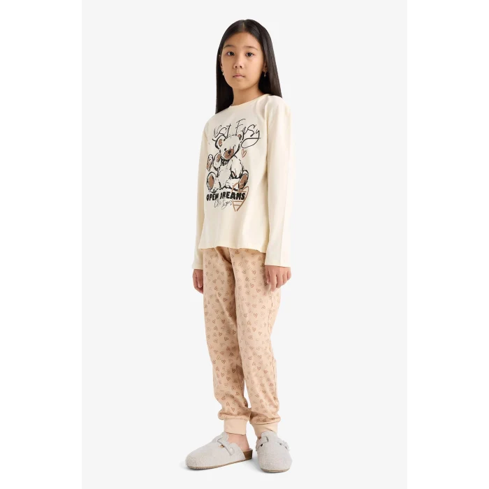Defacto F6216A8ER103 Ekru Kız Çocuk Pijama Takımı Baskılı Uzun Kollu Üst Desenli Uzun Alt