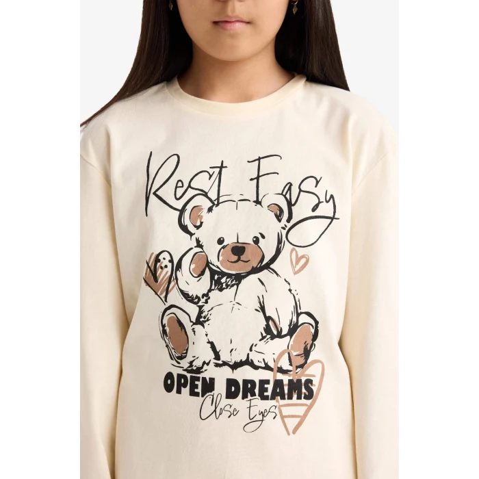 Defacto F6216A8ER103 Ekru Kız Çocuk Pijama Takımı Baskılı Uzun Kollu Üst Desenli Uzun Alt