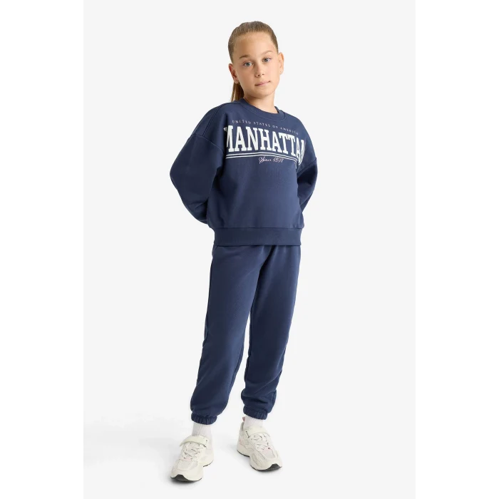 Defacto E6416A8NV256 Lacivert Kız Çocuk 2li Takım Baskılı Sweatshirt Eşofman Altı