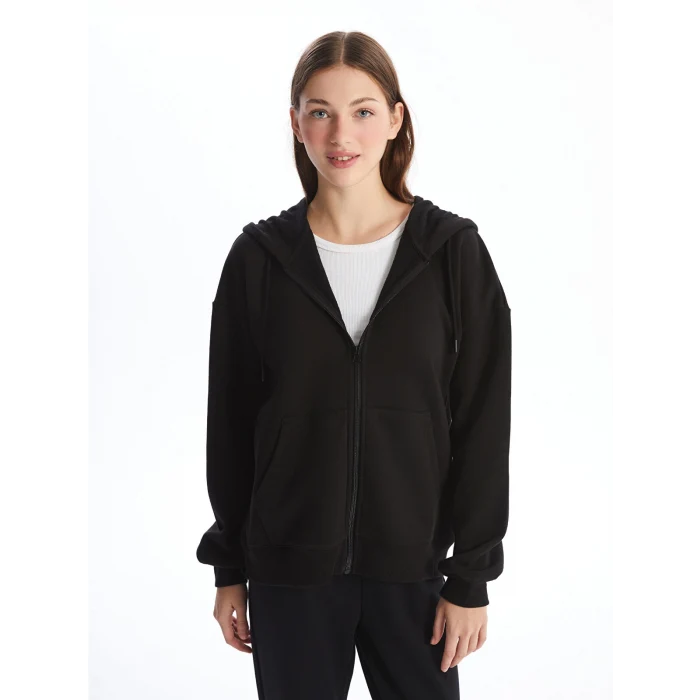 LCW Vision Siyah Kapüşonlu Oversize Kadın Kalın Fermuarlı Sweatshirt