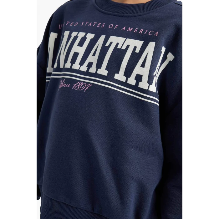 Defacto E6416A8NV256 Lacivert Kız Çocuk 2li Takım Baskılı Sweatshirt Eşofman Altı
