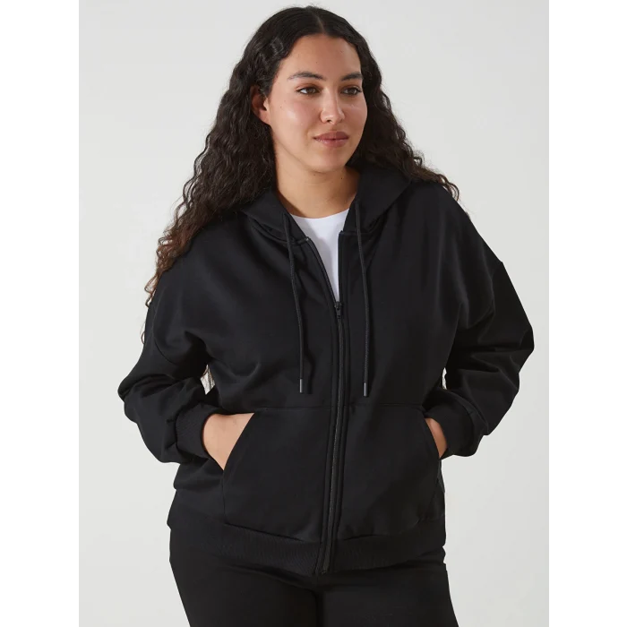 LCW Vision Siyah Kapüşonlu Oversize Kadın Kalın Fermuarlı Sweatshirt