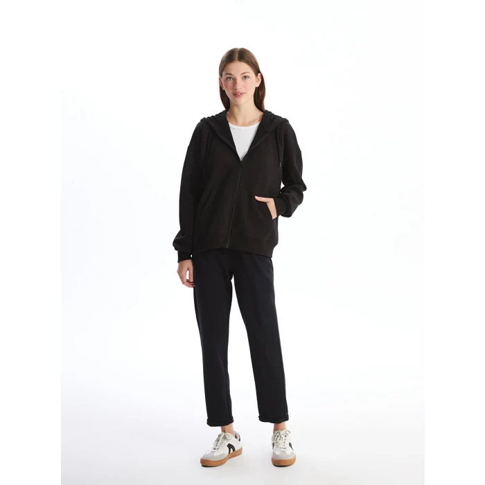 LCW Vision Siyah Kapüşonlu Oversize Kadın Kalın Fermuarlı Sweatshirt