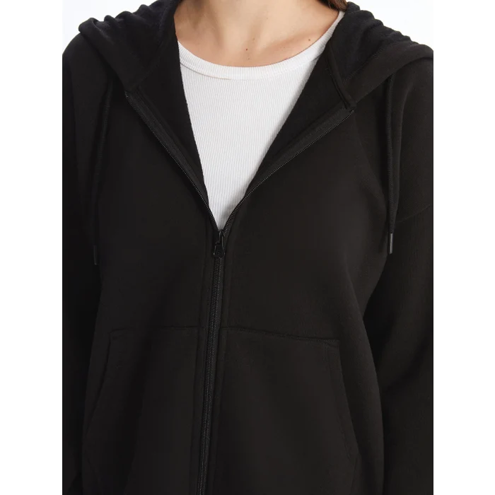 LCW Vision Siyah Kapüşonlu Oversize Kadın Kalın Fermuarlı Sweatshirt
